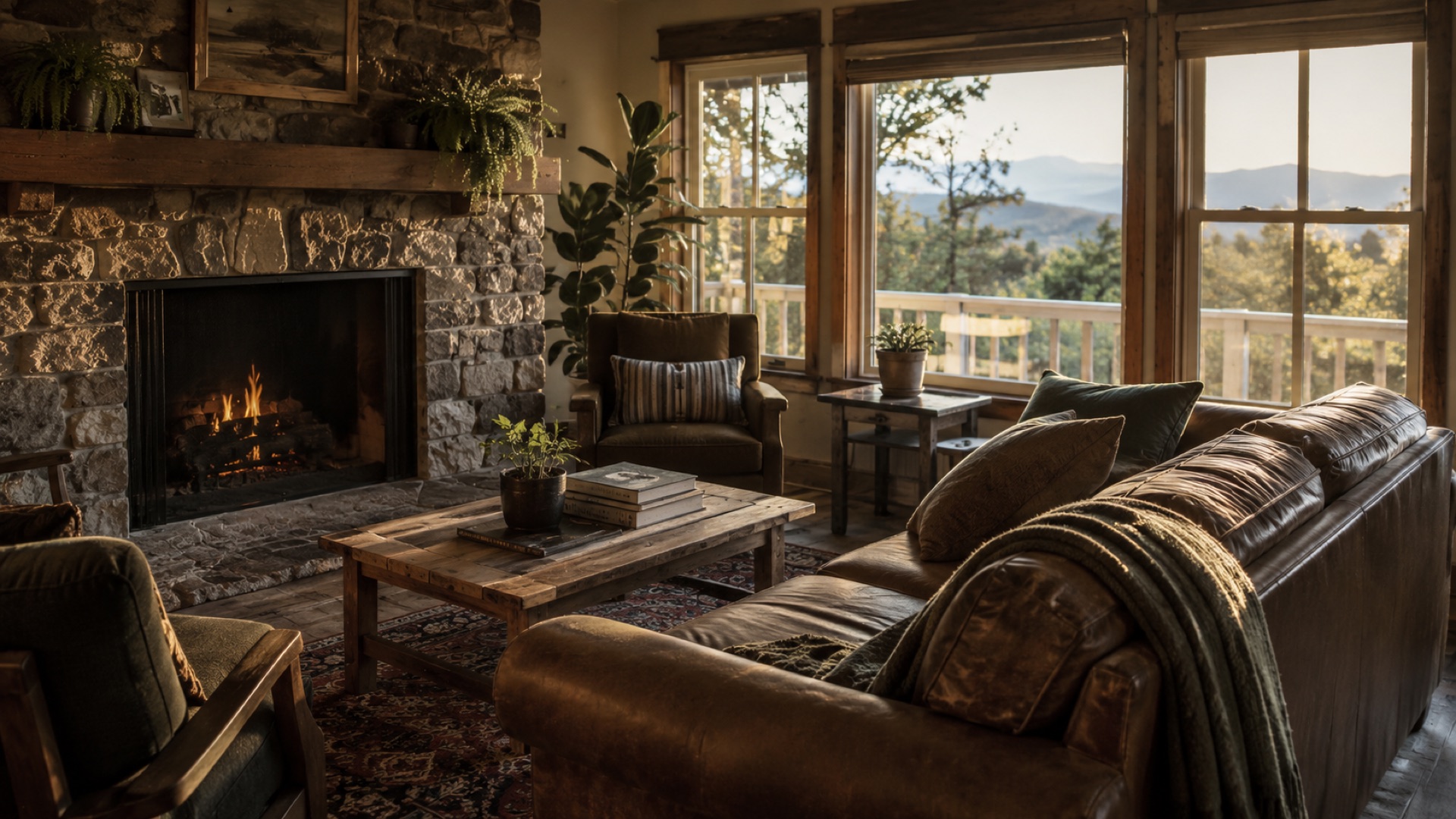 A warm living room at Malvern House with a lit stone fireplace, a leather couch, and the Blue Ridge through the windows.