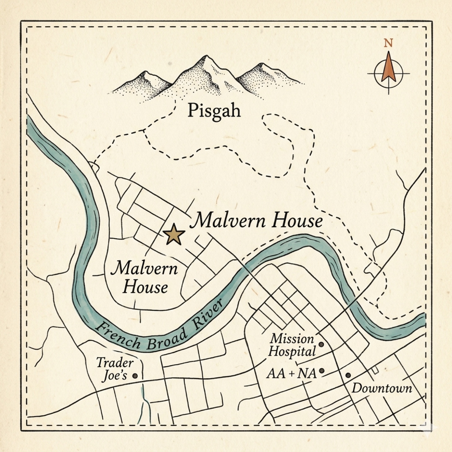 Hand-drawn ink-and-paper map of West Asheville with the French Broad River, Pisgah and DuPont trails, a star marking Malvern House, and nearby landmarks (Trader Joe's, Mission Hospital, AA + NA, Downtown).