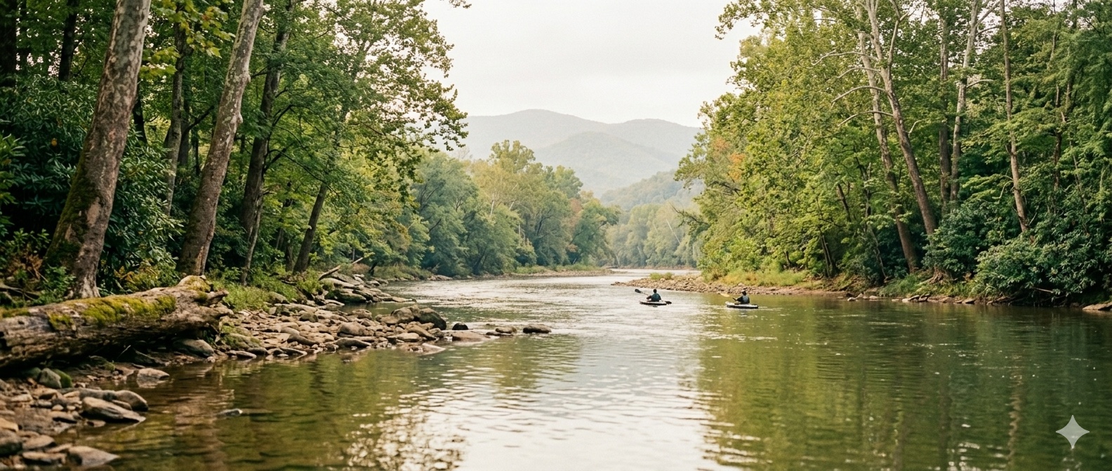 The French Broad River bending through West Asheville on a soft overcast morning, framed by sycamores and rhododendrons with two distant kayakers and Blue Ridge ridges fading into haze.