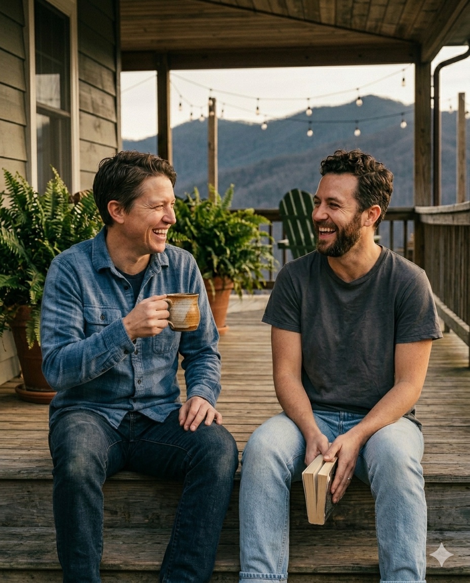 Two adults sitting on a wooden porch step in West Asheville, mid-conversation and mid-laugh, one with a coffee mug and one with a paperback book, mountain ridges out of focus behind them.