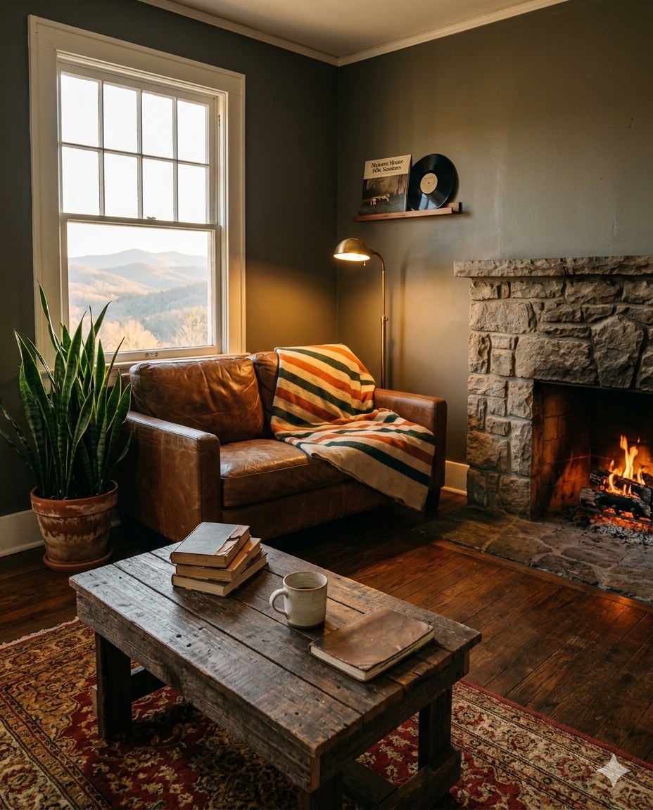 Lived-in living room interior with a stone fireplace, leather couch and Pendleton-style blanket, books on a wooden table, plants, and a window framing distant Blue Ridge mountains.
