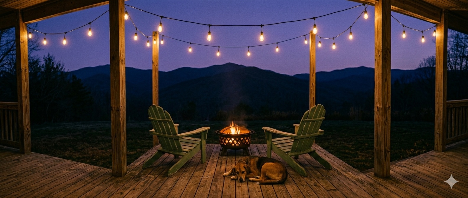 Wraparound porch at blue-hour dusk in West Asheville with hanging amber string lights, two Adirondack chairs facing a small fire pit, and a dog curled up nearby.